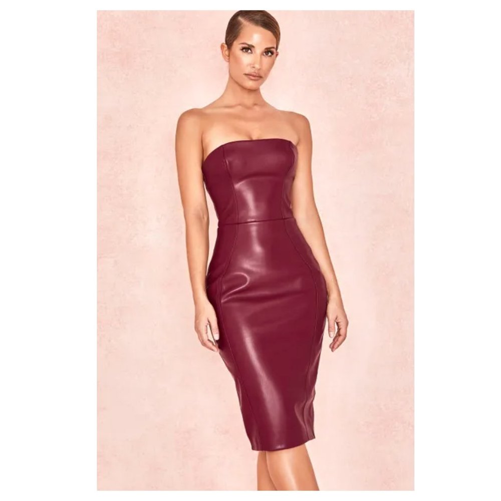 House of CB Strapless Burgundy Faux Leather Midi Dress